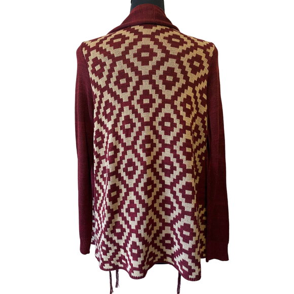 Red Camel Women’s Burgundy/Cream Fringe Waterfall Open Cardigan Size Medium - Picture 2 of 7